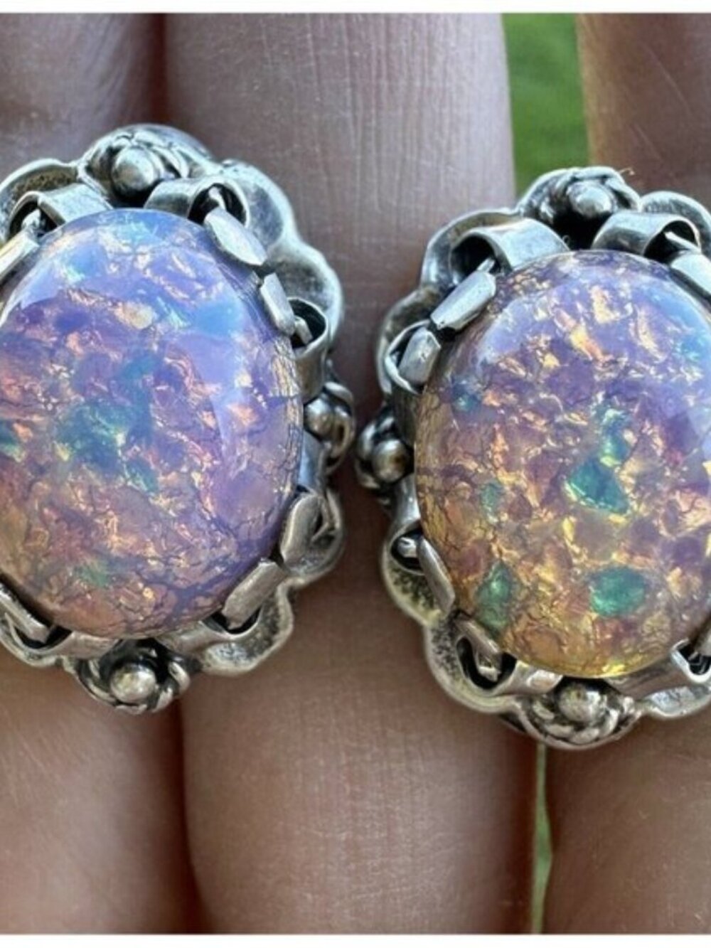 VTG Taxco Mexico sterling silver and faux foil opal earrings